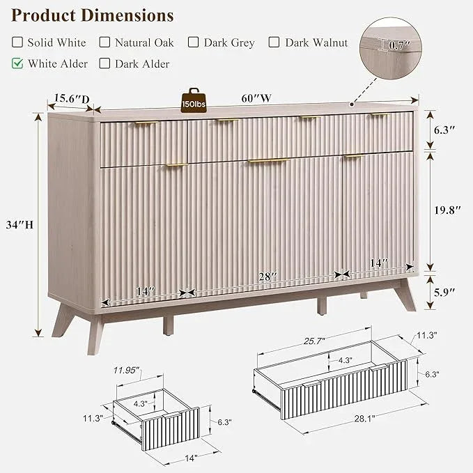 OKD Fluted Storage Cabinet with Drawers, 60" Morden Buffet Sideboard Coffee Bar Cabinet with 4 Doors and 3 Drawers for Dining Room, Living Room,Hallway (White Alder) - ModernBath