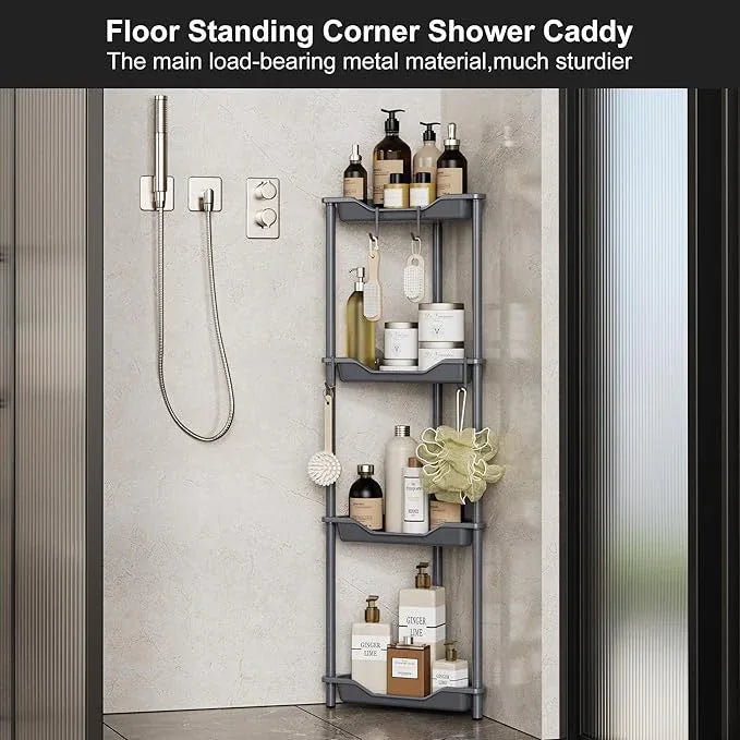 Orimade Rustproof 4 Tier Floor Standing Corner Shower Caddy Organizer, Plastic Metal Splicing Floor Corner Shelf Rack Storage Stands for Bathroom,10.8 x 10.8 x 44.6 inches, Grey - ModernBath
