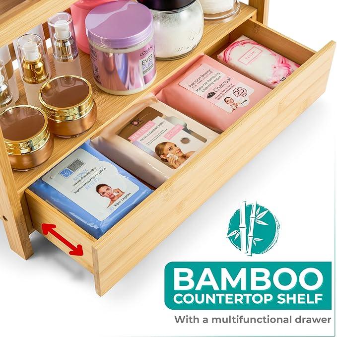 Sorbus Bamboo Bathroom Counter Organizer – 2-Tier Shelf with Hidden Drawer for Vanity, Matcha Station, Bathroom Sink Organizer Countertop, Kitchen & Office Storage (17″ L x 6.5″ W x 12.6″ H) - ModernBath