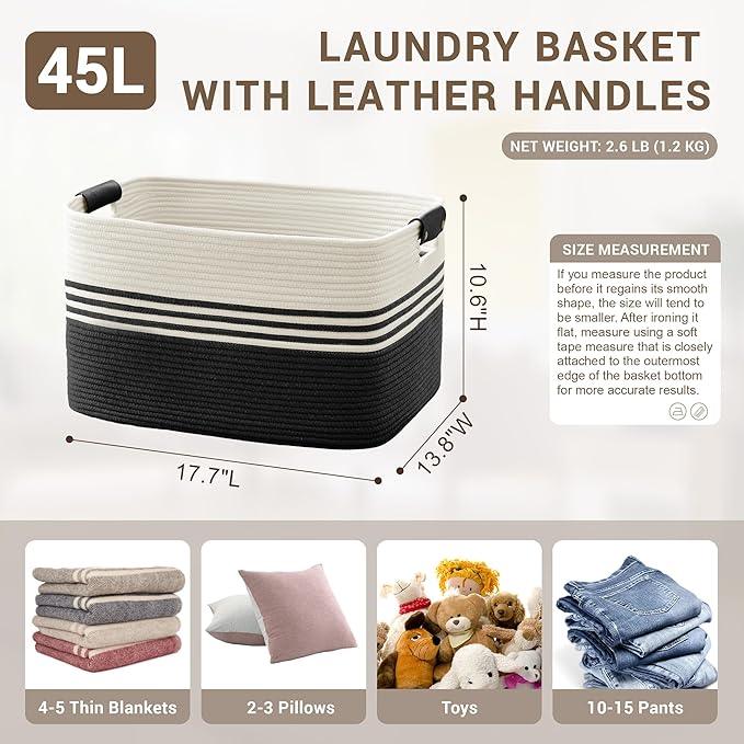45L Small Laundry Basket with Leather Handles for Living Room Storage, Woven Rope Baskets Bin for Blanket, Kids Toy, Gifts, Wicker Hamper for Bedroom Dirty Clothes, 18"x14"x11" White Black - ModernBath