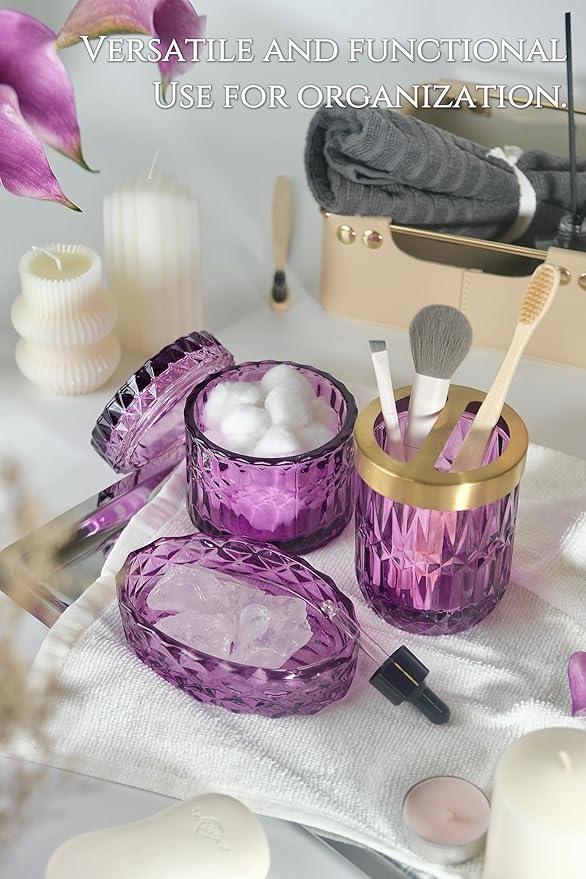LaMarriti Purple Bathroom Accessories Set, 5Pcs Clear Glass Bathroom Set, Soap Dispenser, Toothbrush Holder Set, Soap Dish, Qtip Holder, Tumbler for Vintage Crystal Bathroom Decor, Gift Set (Violet) - ModernBath