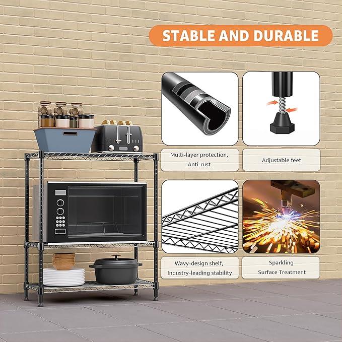 750 lbs 3 Tier Storage Rack Metal Wire Shelving Unit, Storage Standing Shelf Organizer for Laundry Bathroom Kitchen Pantry Closet Garage Basement Utility Room, Black 13.8" D x 29.5" W x 35.5" H - ModernBath