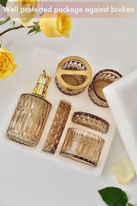 LaMarriti Brown Bathroom Accessories Set, 5Pcs Clear Glass Bathroom Accessories, Lotion Soap Dispenser, Toothbrush Holder Set, Soap Dish, Qtip Holder, Tumbler for Vintage Bathroom Decor, Gift Set - ModernBath