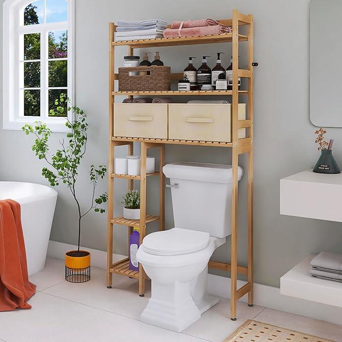SMIBUY Over The Toilet Storage, Bamboo 6-Tier Bathroom Storage Shelf with Drawers, Freestanding Above Toilet Organizer Rack, Mass-Storage, Space Saver for Small Room (Natural) - ModernBath