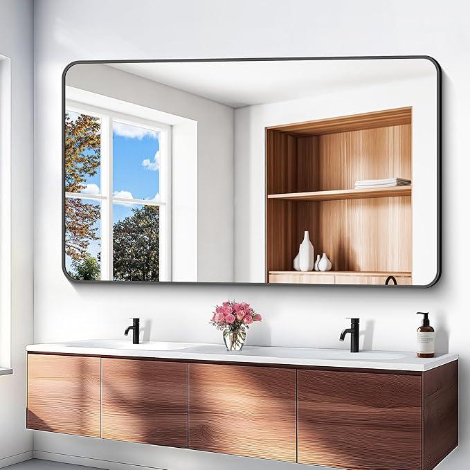 BONEWEI 60x36 inch Large Bathroom Mirror,Black Rectangle Mirror,Wall Mounted Bathroom Frame Vanity Mirror with Round Corner for Bedroom Living Room, Entryway Hangs Horizontal or Vertical - ModernBath