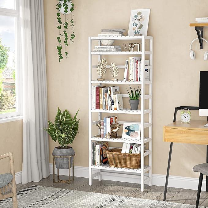 Homykic 6-Tier Bamboo Bookshelves and Bookcases, Adjustable 63.4”Tall Shallow Book Shelf Organizer Rack, Freestanding Storage Shelving Unit for Living Room, Kitchen, Bathroom, Office, White - ModernBath