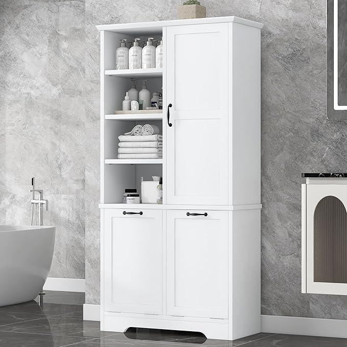 Bathroom Storage Cabinet with Doors and Drawers, Tilt-Out Laundry Hamper, Multiple Storage Space, Freestanding Style, Open Shelve, Adjustable Shelf (White) - ModernBath