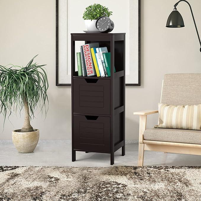 Tangkula Bathroom Floor Cabinet, Narrow Wood Storage Cabinet w/2 Switchable Drawers, Multifunctional Side Cabinet for Bathroom, Freestanding Small Cabinet for Small Spaces, 12 x 12 35 Inch (Espresso) - ModernBath