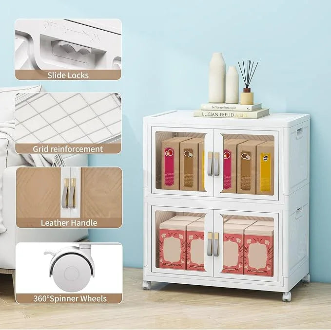 Large Clear Stackable Storage Bins with Lids, 90QT-45QT*2Tier Foldable Cabinet for Closet Organizers, Plastic Storage Box with Wheels White - ModernBath