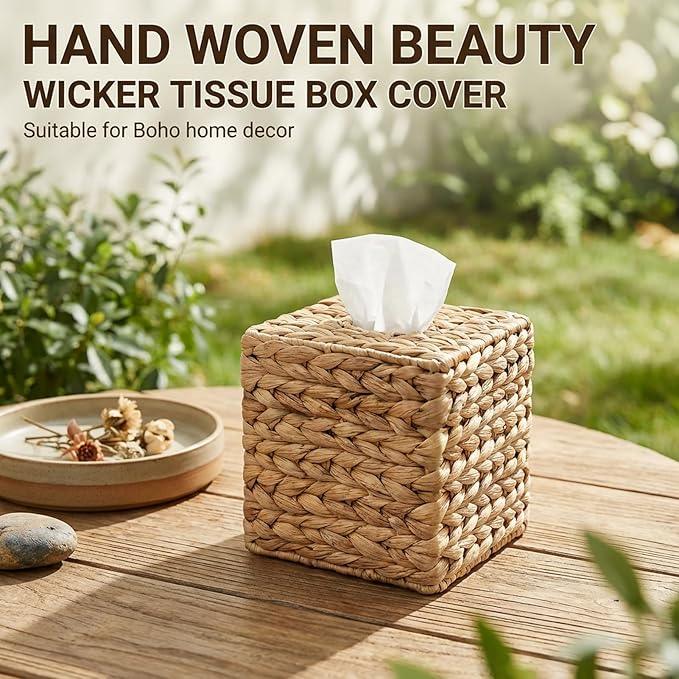 4 Pack Square Rattan Tissue Box Cover, Water Hyacinth Tissue Box Holder, Natural Hand Woven Wicker Tissue Holder for Bathroom, Kitchen, Living Room, Bedroom, Boho Decorative - ModernBath