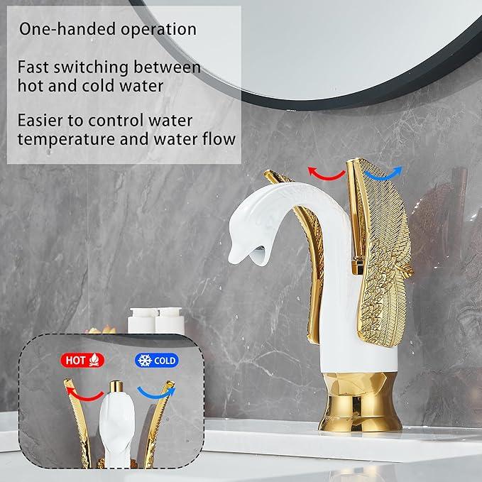 GGStudy Bathroom Faucet White Mixed Gold Swan Single Handle 1 Hole Bathroom Vanity Faucet Basin Tap Deck Mount Lavatory - ModernBath