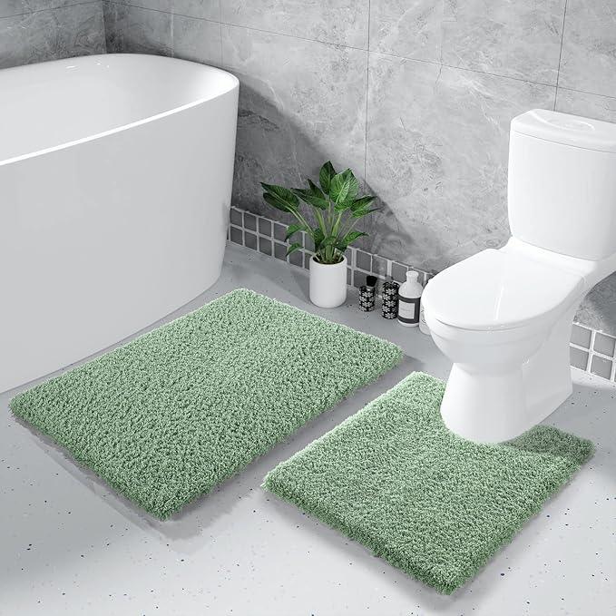 Yimobra U Shaped Toilet Bath Rug, Fluffy Plush, Super Shaggy Soft Non Slip, Water Absorbent Microfiber Bath Mat, Dries Quickly, Machine Washable Thick Bathroom Rugs, 20"x 24", Pure Light Green - ModernBath