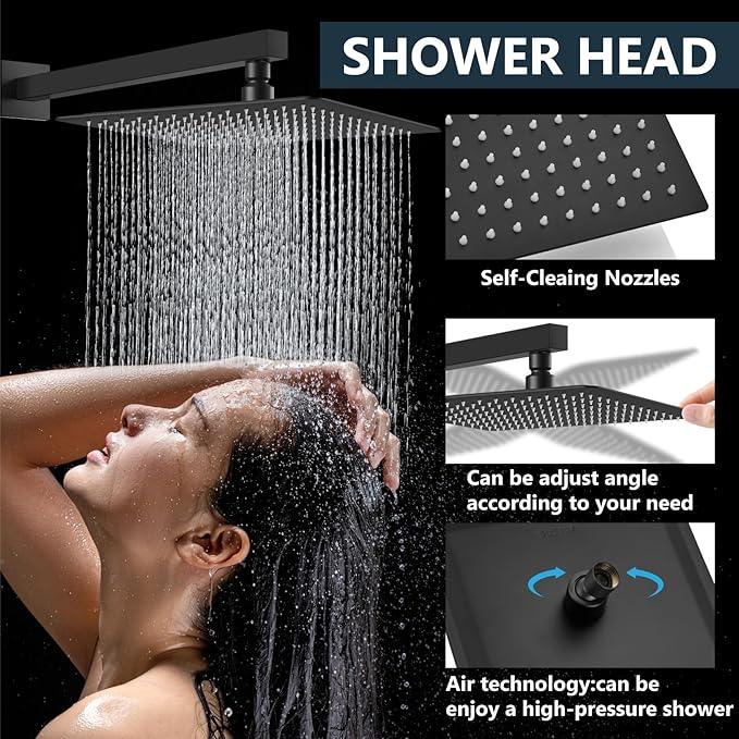 Aolemi Shower Faucet Set Rain Shower System with Handheld Spray Bathroom Shower Combo Rough-in Valve and Shower Trim Kit Included Matte Black 16 Inch Wall Mount Shower Head - ModernBath