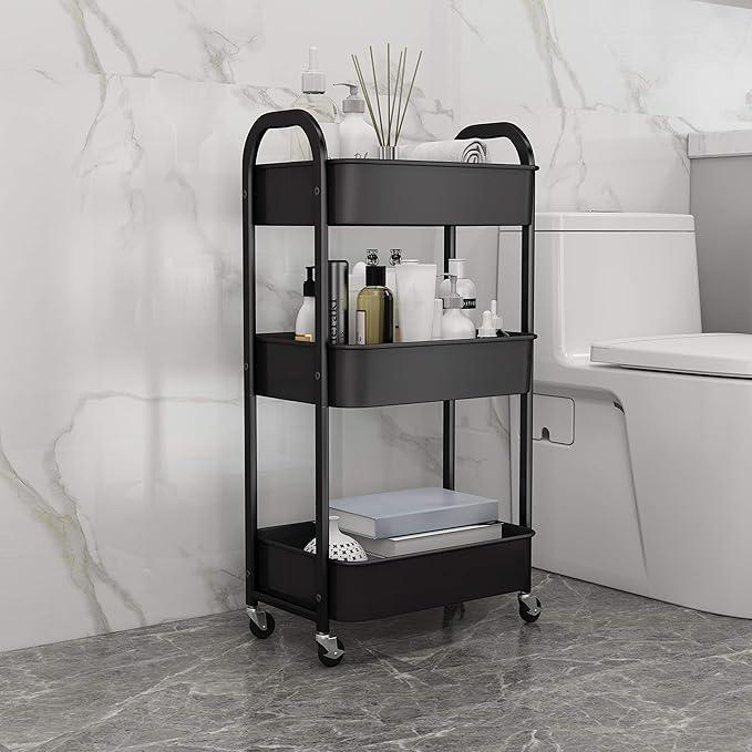 3-Tier Rolling Utility Cart with Caster Wheels,Easy Assembly, for Kitchen, Bathroom (Black) - ModernBath