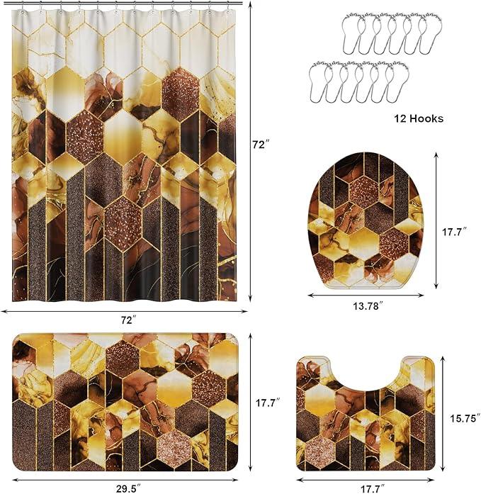 XLHOMO Bathroom Sets with Shower Curtain and Rugs - 4PC Brown Geometric Shower Curtain Set with 12 Hooks, Toilet Cover, U-Shaped Mat and Rugs Modern Abstract Bathroom Accessories for Bathroom - ModernBath