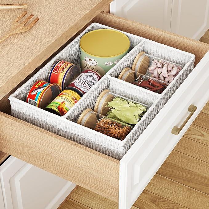 Vagusicc Wicker Divided Storage Basket, White Wicker Baskets, Basket for Shelves Drawer Organizing, 3 Section Rectangular Woven Storage Baskets, 2-Pack - ModernBath