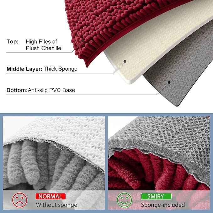 Smiry Luxury Chenille Bathroom Rugs 47x24, Extra Soft and Absorbent Shaggy Bath Mat, Machine Washable, Non-Slip Plush Carpet Runner for Tub, Shower, and Floor, Home Decor Accessories, Red - ModernBath