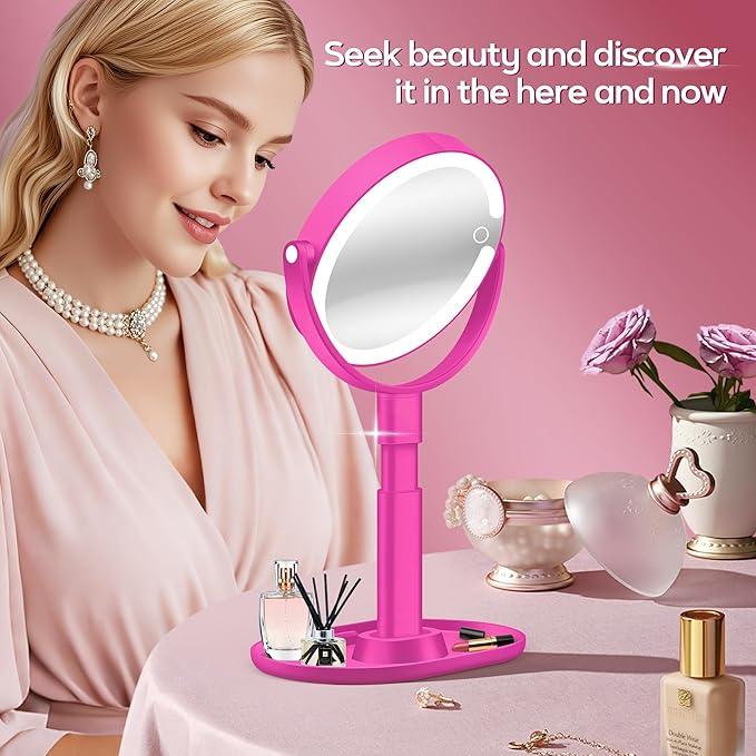 B Beauty Planet Makeup Mirror with Lights, Lighted Magnifying Mirror 30X with 3 Lighting and Adjustable Brightness, 2-Sided Height Adjustable Vanity Mirror for Bathroom, Gifts for Women Hot Pink - ModernBath