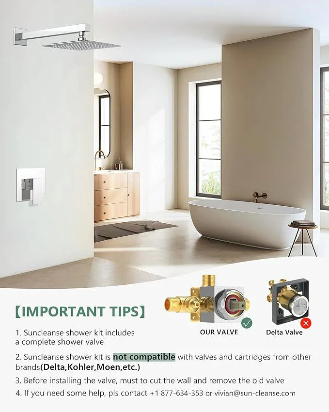 SunCleanse Shower Faucet Set with Valve, 8 Inch Square Shower Head and Handle Set, Single Handle Shower Trim Kit with Extra Long Shower Arm, Polished Chrome - ModernBath