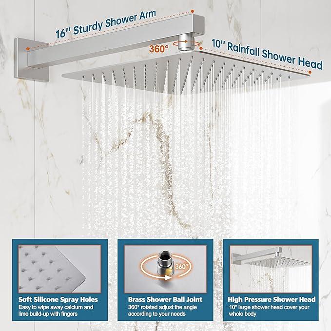 Kurpot Shower System, 10'' High Pressure Brushed Nickel Shower Head with Handheld Spray Combo, Included 59'' Shower Hose, Shower Trim Kit and 2-IN-1 Diverter, Bathroom Shower Faucet Set with Valve - ModernBath