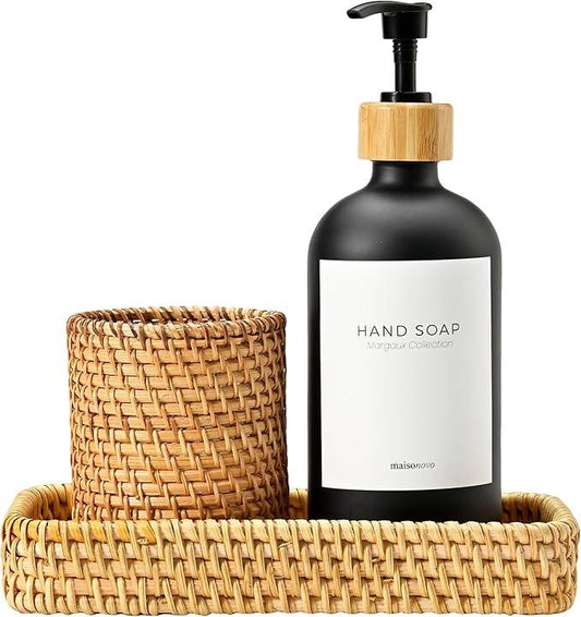 MaisoNovo Rattan Bathroom Set - Black Countertop Dispenser, Toothbrush Holder & Toothpaste Cup with Tray - Set of 3 - Rattan Bathroom Vanity Trays Rectangle for Storage - ModernBath