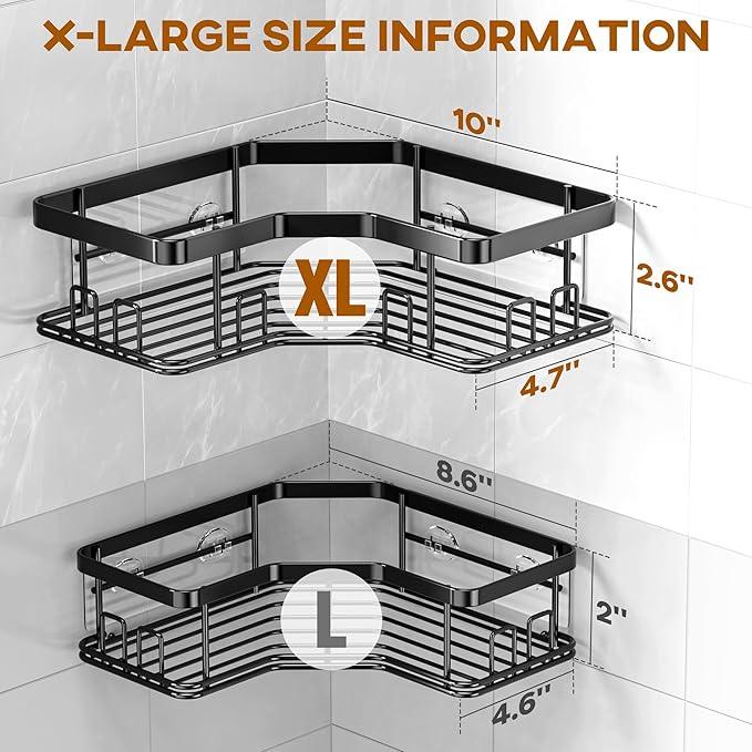 MAXIFFE 3 Pack X-Large Corner Shower Caddy with Soap Holder, Large Capacity Easy Install No Drilling Stainless Steel Sturdy Hold 40 LB Shower Organizer Shelves Rack for Family Renters Bathroom, Black - ModernBath
