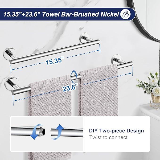 5 Pieces Bathroom Hardware Set, 23.6-inch+15.35-inch Bathroom Towel bar SUS304 Stainless Steel Bathroom Towel Bar Set Polished Chrome - ModernBath