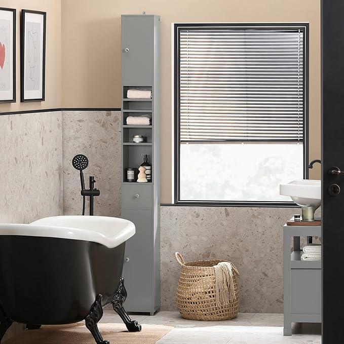 SoBuy Bathroom Narrow Storage Cabinet Skinny Tall Unit with Adjustable Shelves Slender Anti-Tipping Floor Standing Cupboard, Gray BZR34-HG - ModernBath
