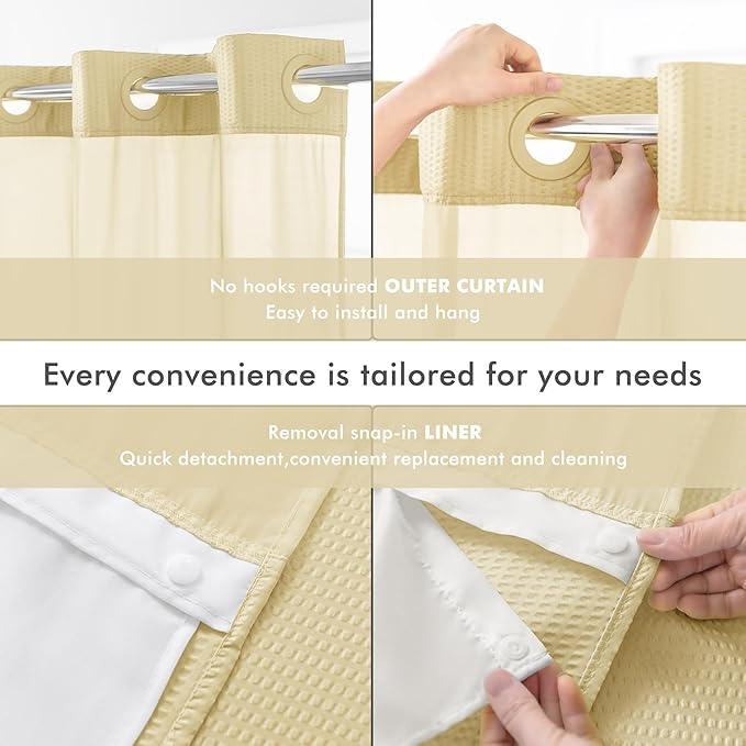 Mrs Awesome No Hook Shower Curtain with Snap-in Liner Less Time On/Off, Embossed Waffle-Look Textured Fabric Shower Curtain for Bathroom, Soft & Lightweight, 71x74, Beige - ModernBath
