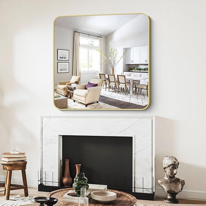 CIVENO Gold Bathroom Mirror, 42x42 Inch Metal Framed Square Mirror, Rounded Corner Gold Vanity Mirror, Large Wall Mounted Mirrors for Living Room Bedroom Entryway Hangs Horizontal or Vertical - ModernBath