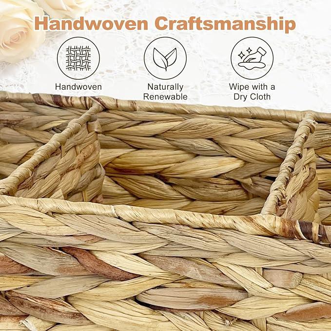 Seagrass Wicker Basket for Toilet Tank Top, 3-Compartment Handwoven Bathroom Organizer for Toilet Paper, Pads, and Accessories (2, Water Hyacinth) - ModernBath