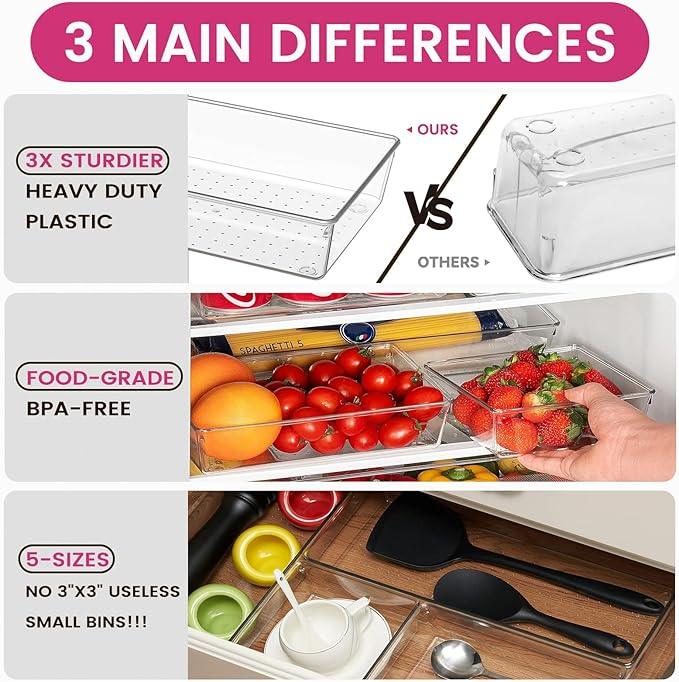 Criusia Large Drawer Organizer Bins 26 Pack | Complete 5 Size Clear Plastic Kitchen Drawer Organizers for Utensils | Bathroom Drawer Organizer Trays | Versatile for Makeup Office Organization - ModernBath