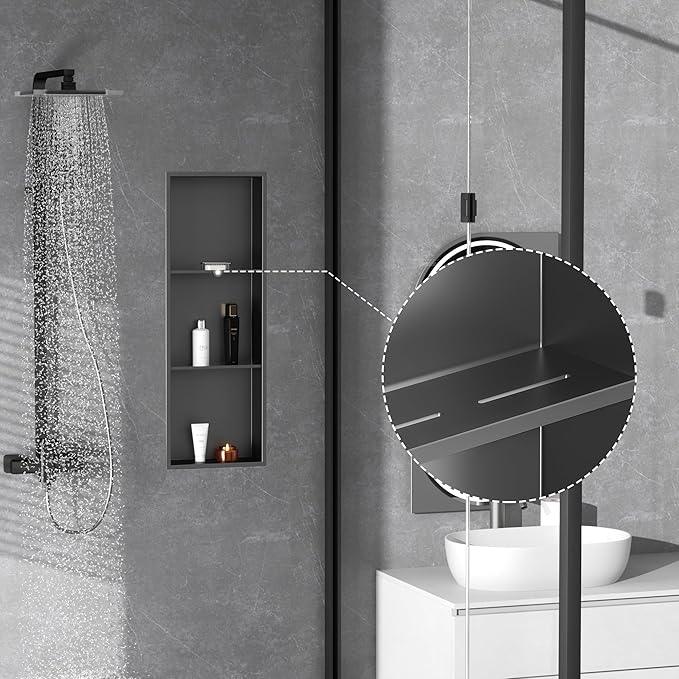 Qeke Stainless Steel Shower Niche 12" X 36", Bathroom Wall Niche Three-Tier, No Tile Needed Recessed Shower Shelf for Bathroom Storage, Gun Metal - ModernBath