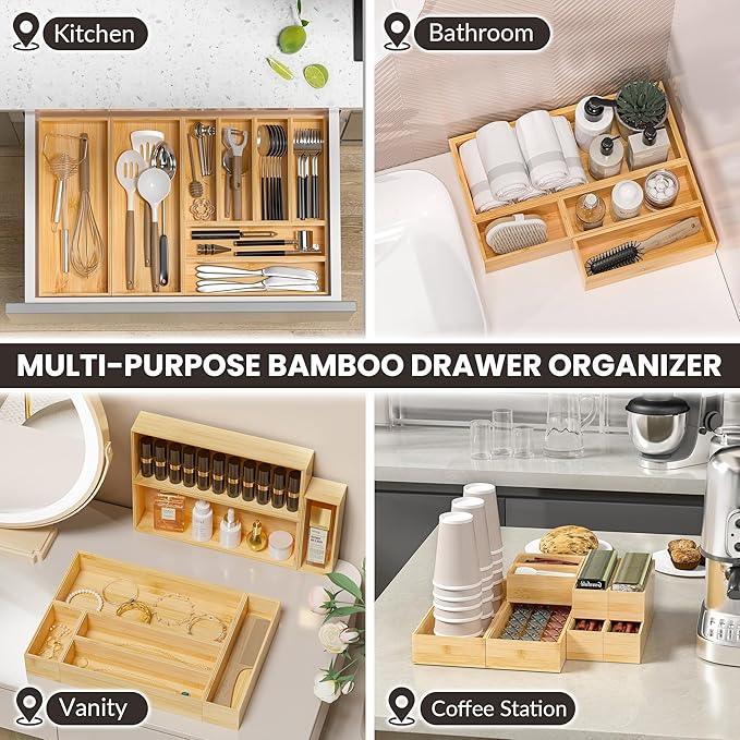 Kitchen Drawer Organizer Bins, Stackable Bamboo Drawer Organizer for Silverware, Flatware, Deep Office Desk Drawer Organizer Tray, Desktop Pen, Office Organization 9" x 6" x 2.5" (Set of 2) - ModernBath