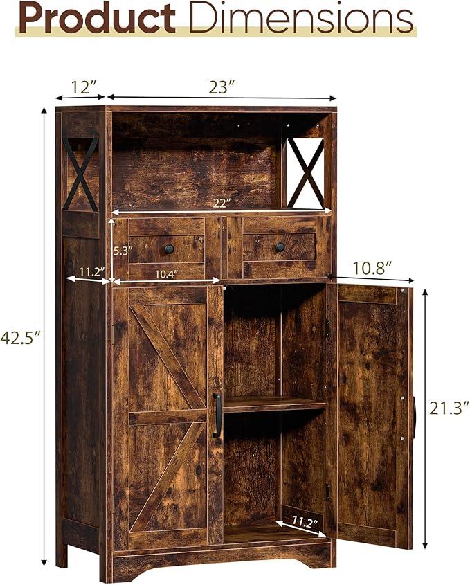 SUPER DEAL Farmhouse Storage Cabinet, Bathroom Floor Cabinet Kitchen Pantry with Doors and Drawers, Hutch Cupboard for Laundry, Living Room, Bedroom, Rustic Brown - ModernBath