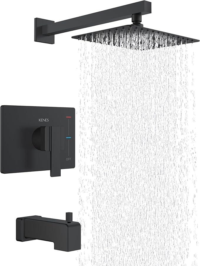 KENES Matte Black Tub Shower Faucet Set Complete with 10-Inch Rainfall Shower Head and Tub Spout, Square Tub and Shower Trim Kit, KE-6024A-2 (Shower Valve Included) - ModernBath