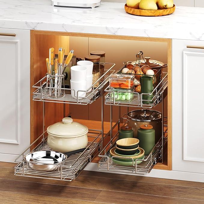 2 Tier Individual Pull Out Cabinet Organizer 9" W x 21½" D, Heavy Duty Cabinet Pull Out Shelves, Slide Out Drawers Organization for Kitchen Cabinets Bathroom - ModernBath