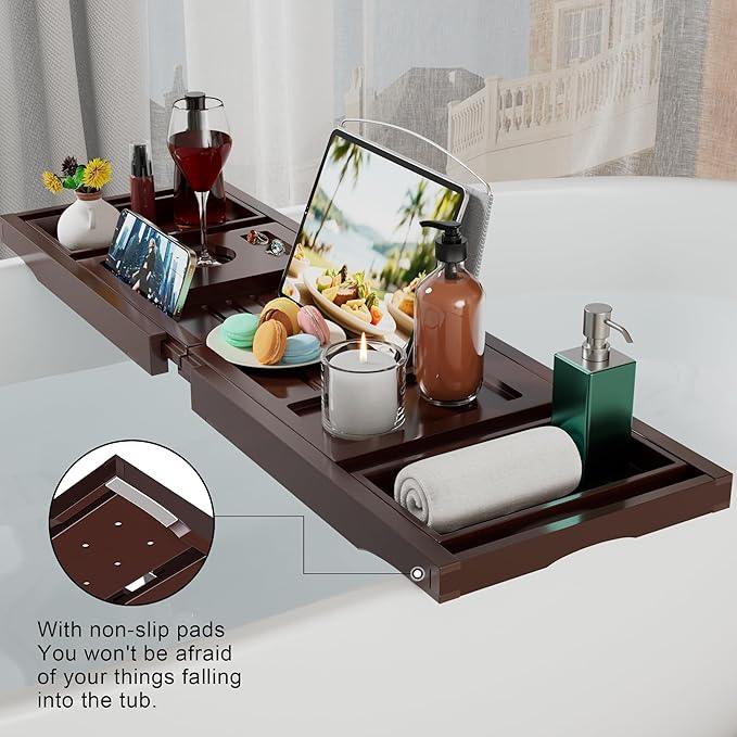 Bathtub Caddy Tray for Tub,Foldable Bath Table Trays,Bamboo Shelf with Book and Wine Glass Holder,Bathroom Accessories Suitable for Luxury Spa or Reading,Brown - ModernBath