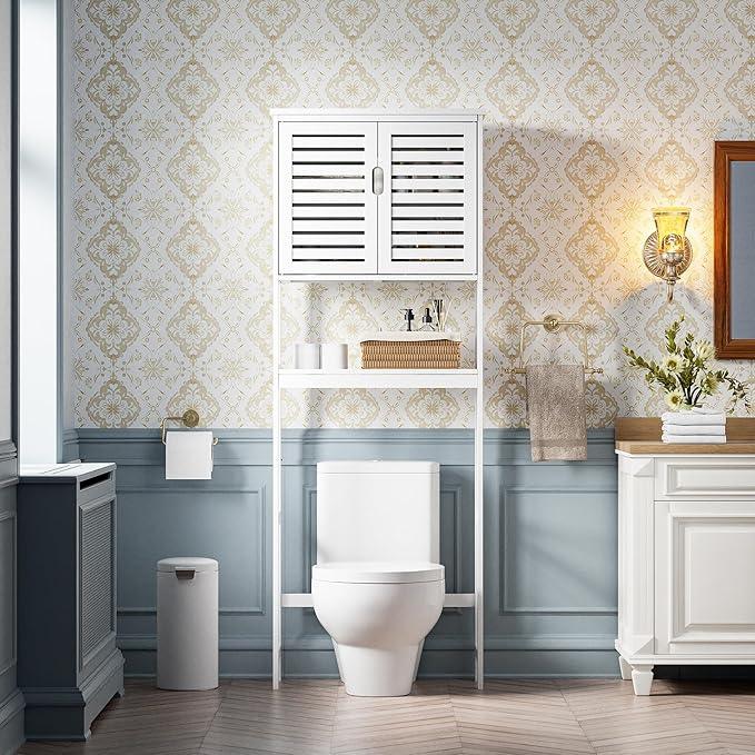 SMIBUY Bathroom Over The Toilet Storage Cabinet, 2 Door Bamboo Cabinet Organizer, Freestanding Space Saver Toilet Rack with Adjustable Inside Shelf and Open Shelf (White) - ModernBath