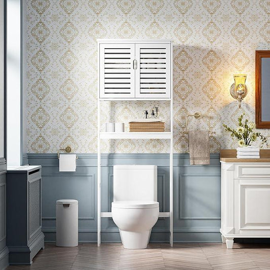 SMIBUY Bathroom Over The Toilet Storage Cabinet, 2 Door Bamboo Cabinet Organizer, Freestanding Space Saver Toilet Rack with Adjustable Inside Shelf and Open Shelf (White) - ModernBath