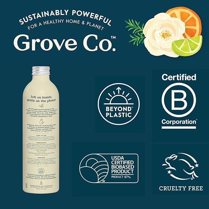 Grove Co. Foaming Hand Soap Concentrate (12 Fl Oz) + Reusable Glass Soap Dispenser, Plastic-Free Liquid Refillable Starter Kit, Natural Lemon & Eucalyptus Fragrance - ModernBath