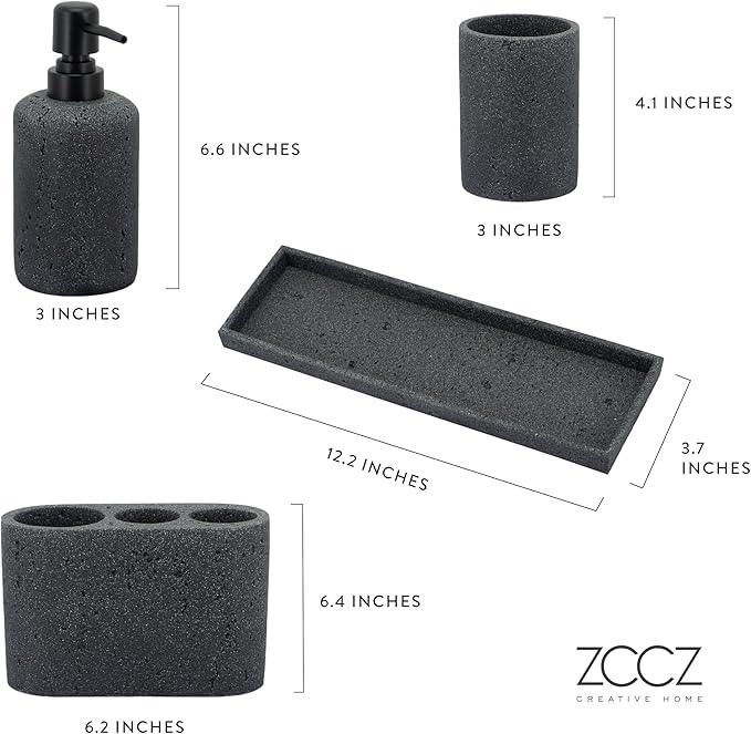ZCCZ - Black Bathroom Accessories Set 4 Pcs - Toothbrush Holder, Soap Dispenser, Vanity Tray, Bathroom Tumbler - Countertop Vanity Organizer - Bathroom Accessory Set- Toothbrush Holder Set, Stone Sets - ModernBath