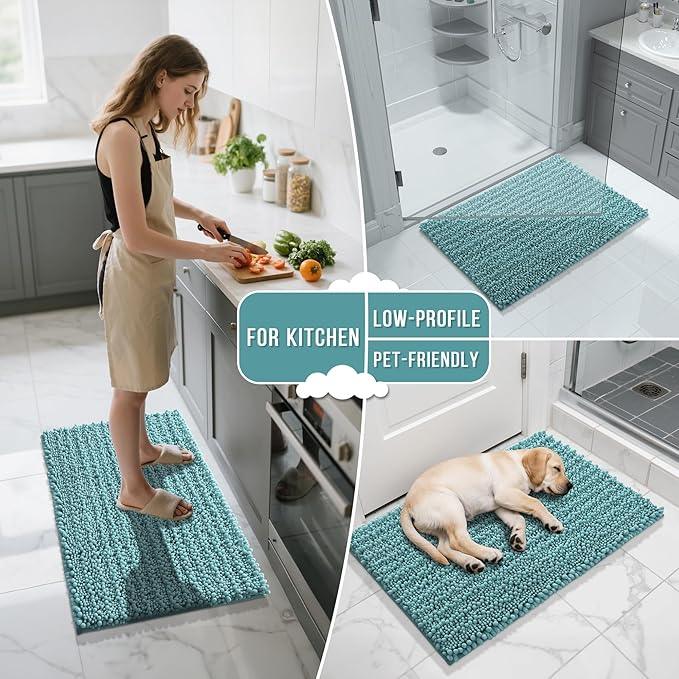 Yimobra Bathroom Runner Rug 60x24 Inch - Extra Long Non Slip Chenille Bath Mat, Soft & Absorbent, Machine Washable Shaggy Hallway Carpet for Vanity Tub Shower, Teal Blue Home Decor Accessories - ModernBath