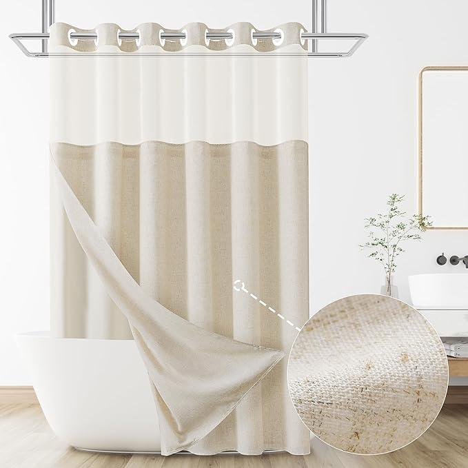 Jowels No Hooks Needed Linen Shower Curtain and Liner Set,Beige Hotel Luxury Decor Shower Curtains for Bathroom with See Through Top Window,Water Resistant Fabric,72Wx87L,Cream - ModernBath
