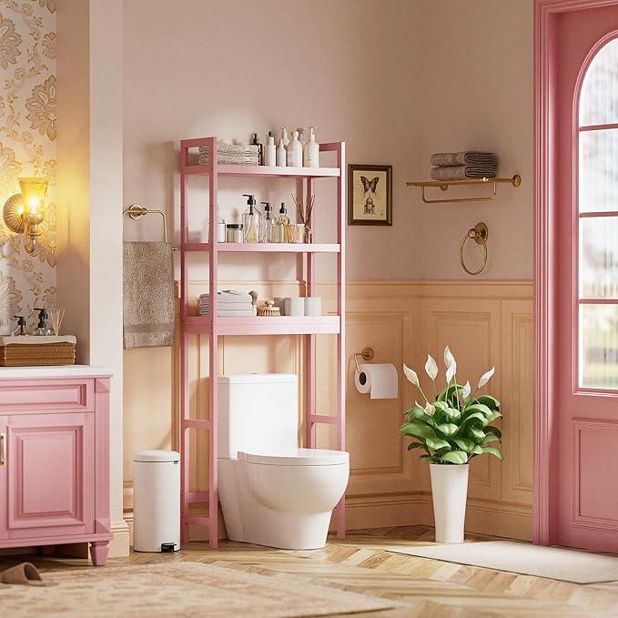SMIBUY Bathroom Storage Shelf, Bamboo Over-The-Toilet Organizer Rack, Freestanding Toilet Space Saver with 3-Tier Adjustable Shelves (Pink) - ModernBath