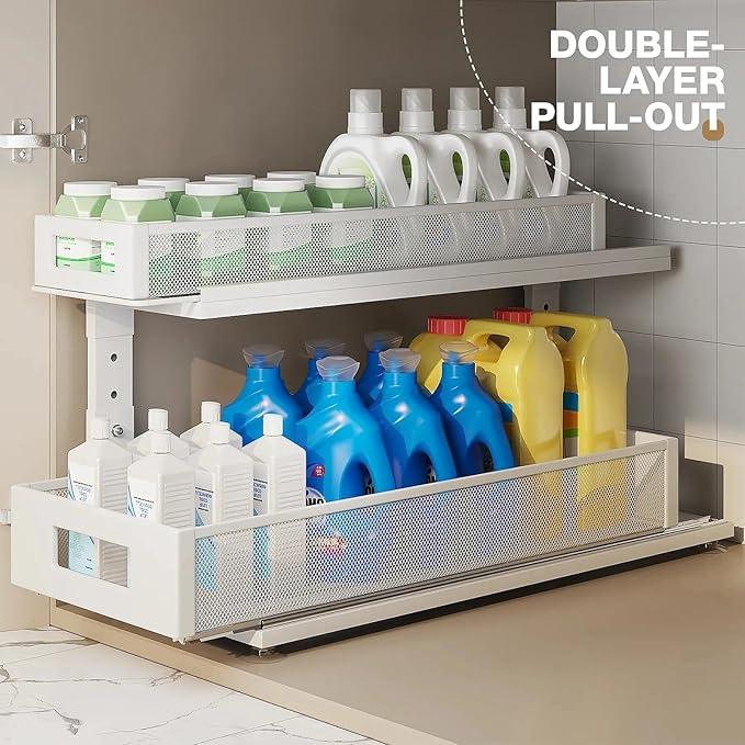 2 Pack 21.3IN-Depth Under Sink Organizer With Next-Gen Ball-Bearing Slides,2-Tier Pull Out Cabinet Storage,Height Adjustable Drawer Shelf for Bathroom,Kitchen,Laundry,Cabinet,Pantry-White - ModernBath
