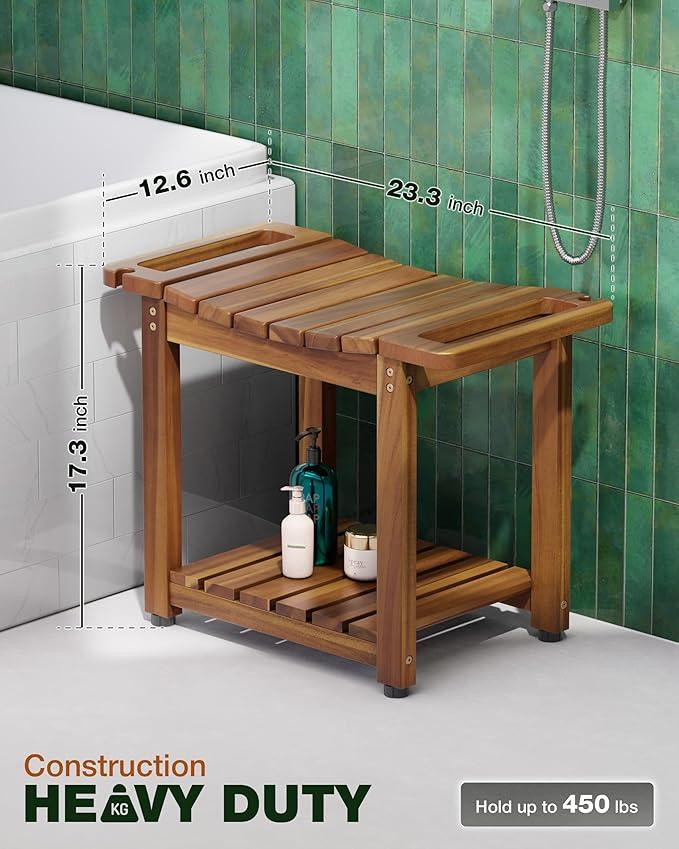 BLUEWEST Shower Bench Seat with Storage Shelf, Natural Wood Shower Benches for Inside Shower to Sit on, Waterproof Bathroom Spa Bench Stool for Legs Shaving with Built-in Handle & Shower Head Holder - ModernBath