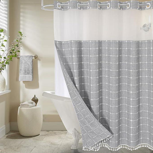 MitoVilla No Hooks Required Farmhouse Shower Curtain with Snap-in Liner - with Window & Magnets, Boho Cotton Linen Fabric Shower Curtains with Tassels for Rustic Bathroom Decor, Grey, 72 x 74 - ModernBath