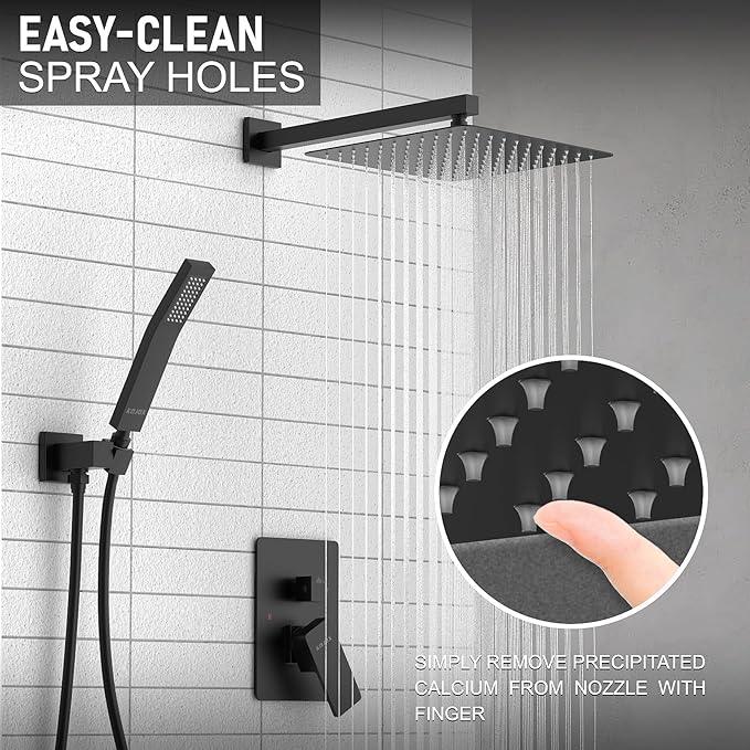 KOJOX Shower System with High Pressure 10'' Rainfall Shower Head, Handheld Shower head and Shower Faucet Trim valve, Bathroom Luxury Rain Mixer Shower Combo Set Wall Mounted Matte Black - ModernBath