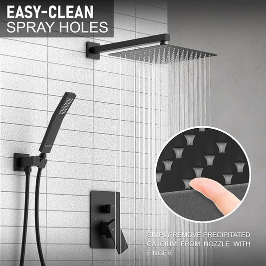 KOJOX Shower System with High Pressure 10'' Rainfall Shower Head, Handheld Shower head and Shower Faucet Trim valve, Bathroom Luxury Rain Mixer Shower Combo Set Wall Mounted Matte Black - ModernBath